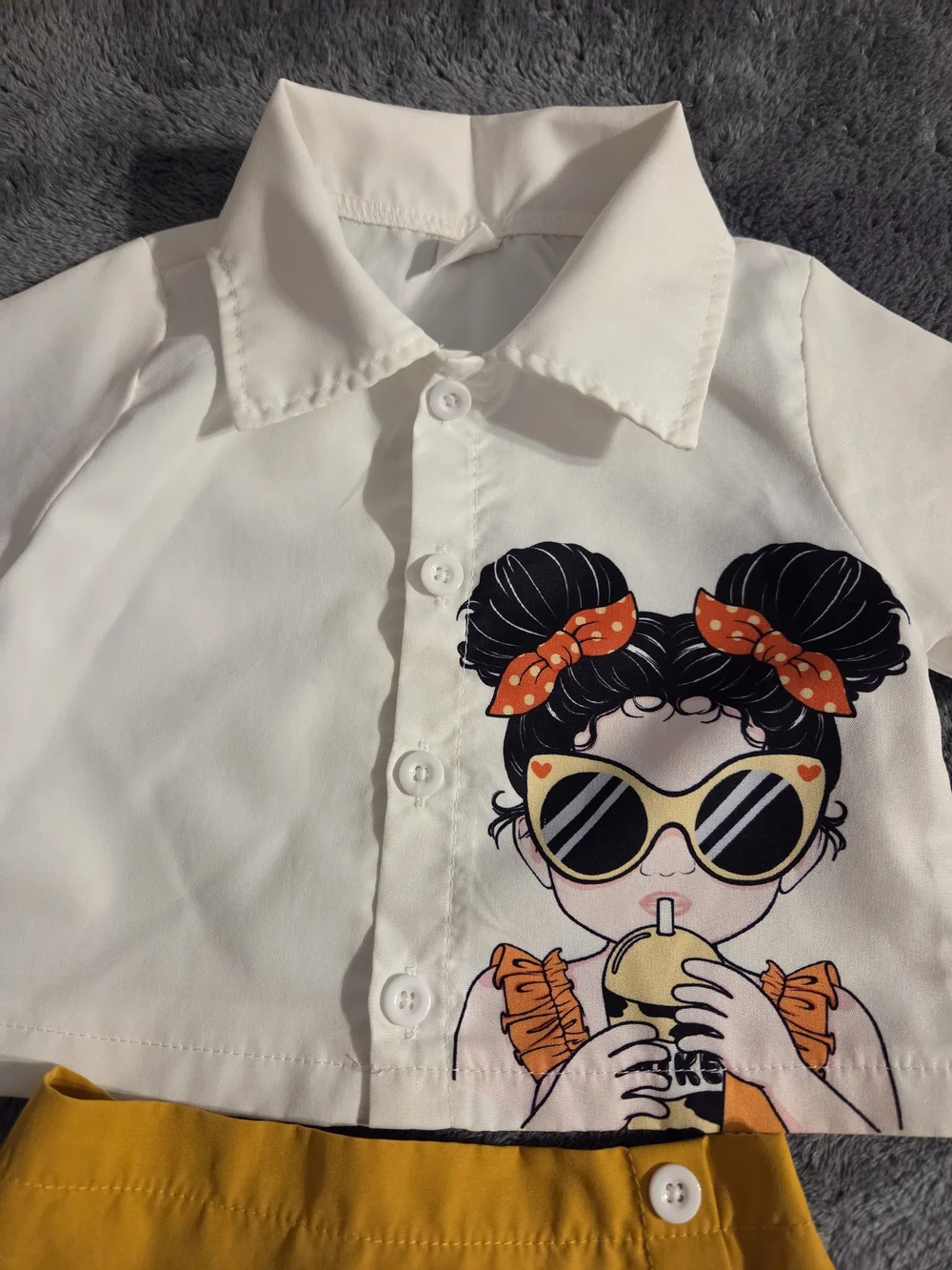 Girls White Graphic Crop Shirt with Mustard Yellow Pleated Skirt Set
